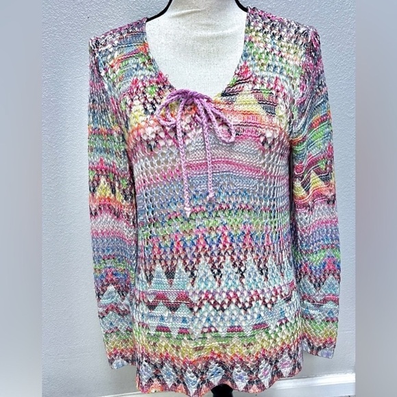 Laseine Open Knit Long Sleeve Cover-Up Top Colorful Vacation Resort Wear Beach - Picture 4 of 10